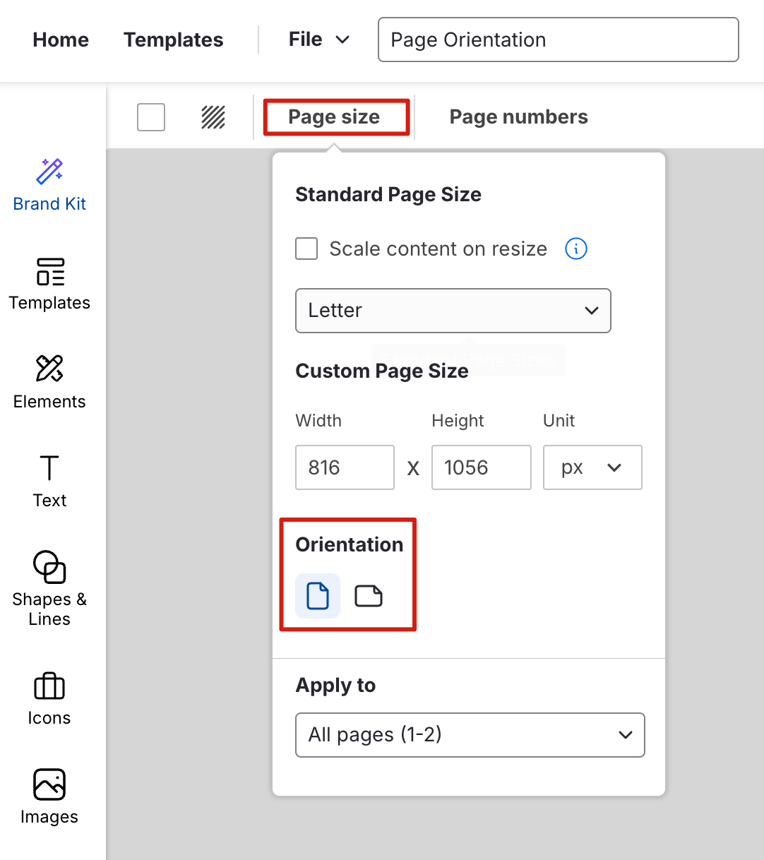 Image of the editor showing where to locate the Page Size button and Page orientation