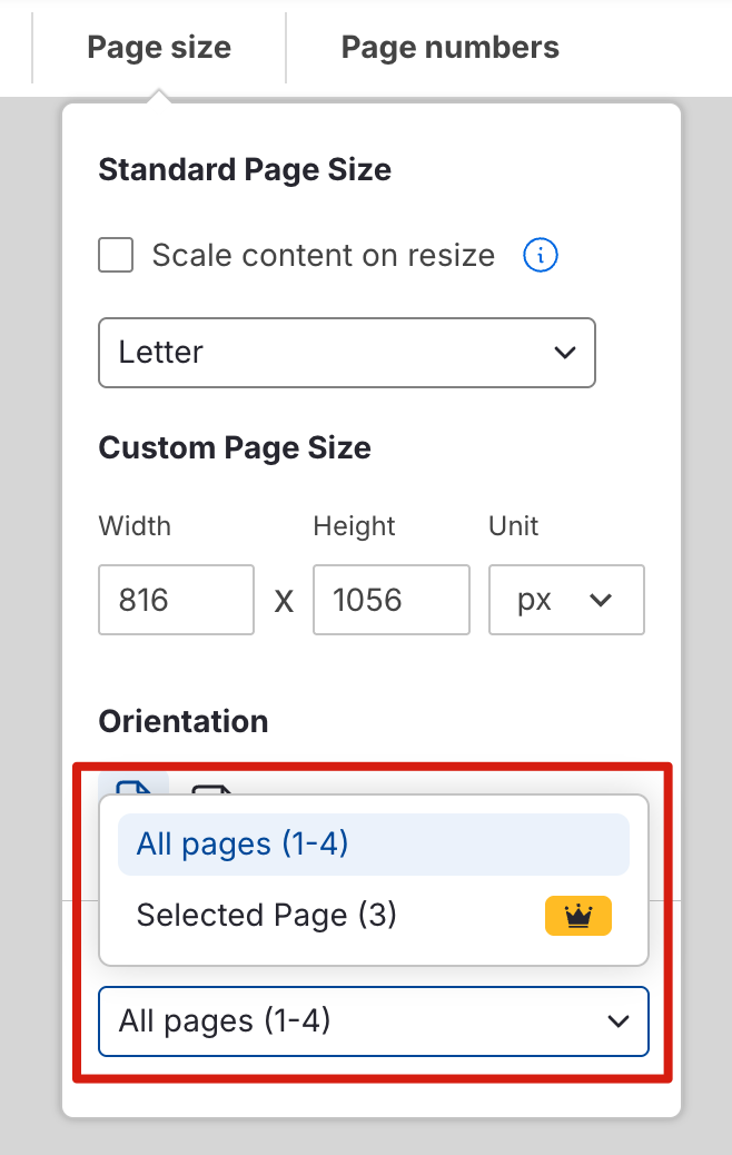 Image of the editor showing where to find the button to customize the page size orientation for a selected page