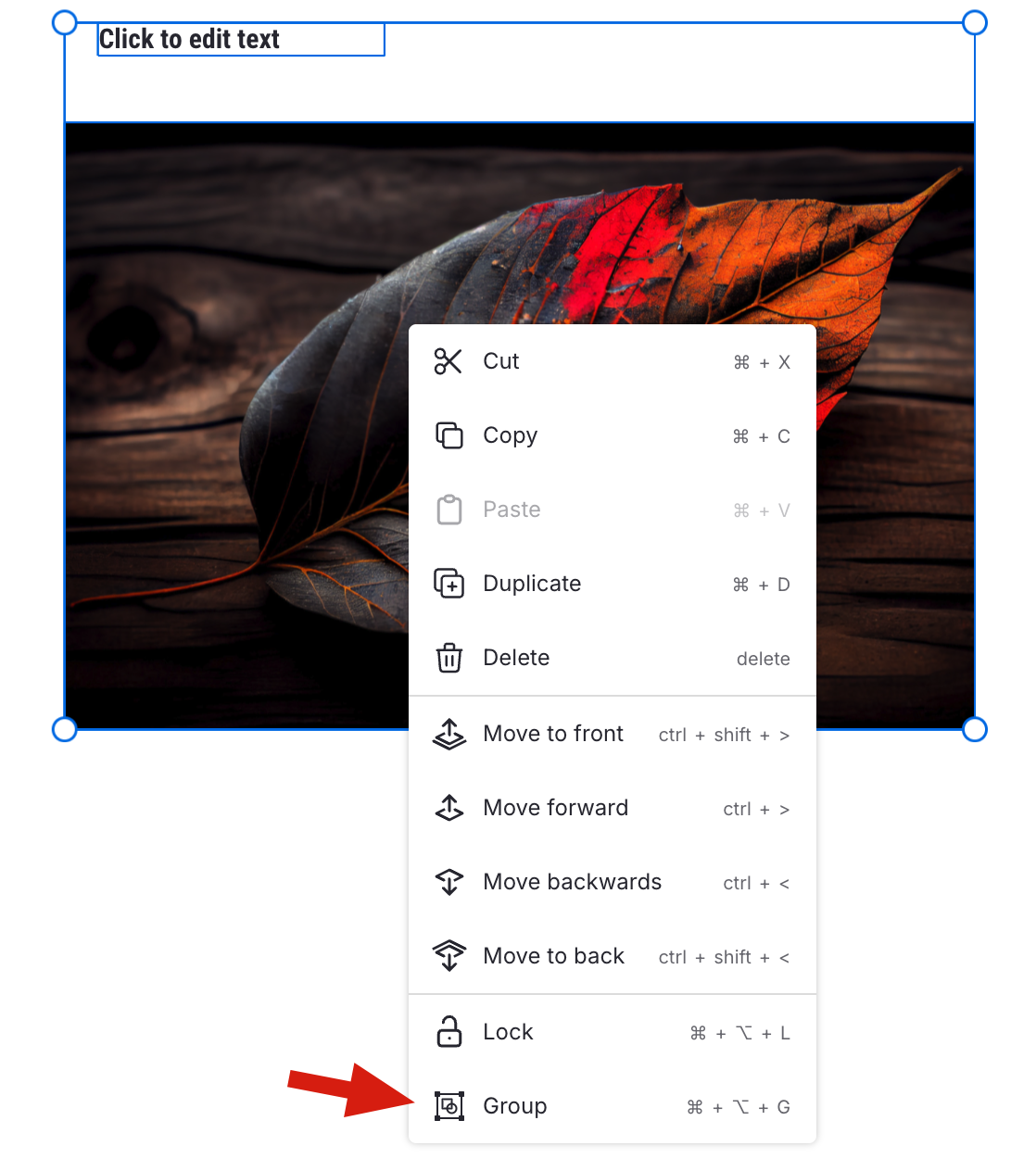 Image showing where the group button is located through the context menu