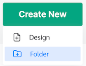 Feche o botão 'Criar novo' na barra lateral esquerda, com o menu abaixo dele expandido. Em 'Design', a opção 'Pasta' é destacada pelo cursor.
