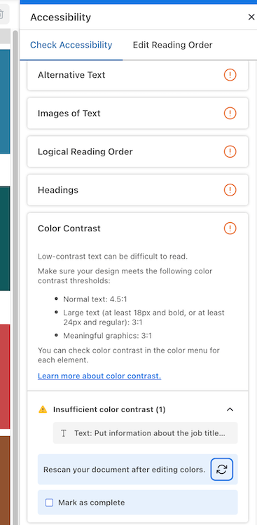 The right-panel view of Venngage's Accessibility Checker, with the 'Color Contrast' section uncollapsed. Text in the design (not pictured) is highlighted as having insufficient color contrast, and a refresh button to re-scan the document when the user has edited the colors to adjust the contrast.