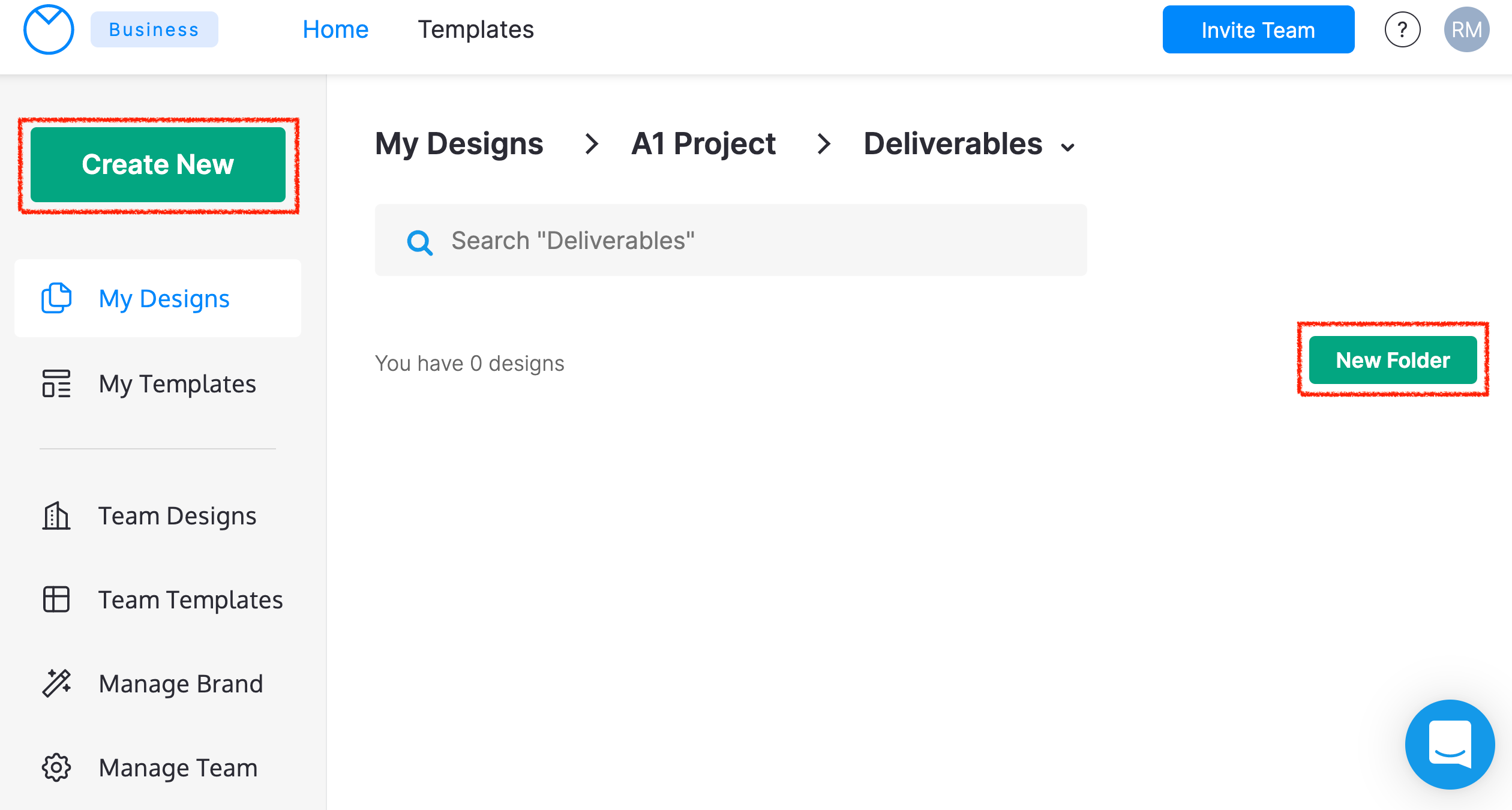 Una captura de pantalla de la página de inicio de Venngage.  El botón 'Crear nuevo' en la barra lateral izquierda y el botón 'Nueva carpeta' a la derecha del panel de visualización de carpetas están resaltados con cuadros rojos.