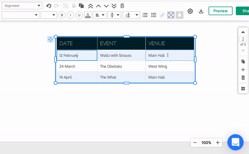 A user selects the text in the cell of a table on a design canvas in the Venngage editor. With the text selected, the user clicks the link icon in the top toolbar, and types in a URL as described above. The text is underlined when the link is activated.