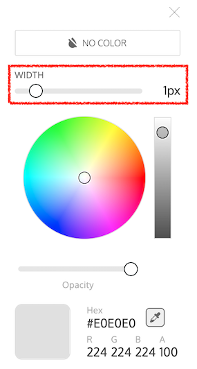 A close-up of the Color Tool widget, as it appears in the Venngage Editor. At the top of the widget, above the color wheel, a slider with the heading 'Width' is highlighted by a red frame. This slider allows the user to increase or decrease the width of the table's cell borders.