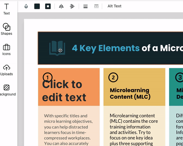 A partial view of a canvas in the Venngage Editor (top left corner). A user clicks on the dark green icon of a book, over a navy blue header bar on a design canvas. When the icon is selected, its color menu appears in the top toolbar; the user clicks the color menu and brings up the color picking panel. At the bottom of the panel, the section header 'Contrast Ratio' appears, as well as the element label ('Graphics') and a contrast ratio value 1.8:1, which is identified as not meeting 'AA' accessibility requirements by a red 'x' icon.